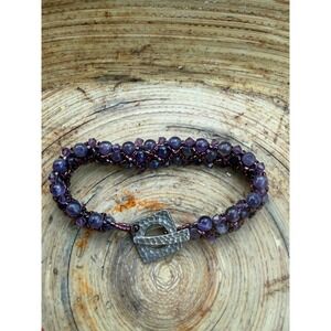 Intricate Purple Amethyst Crystal Beaded Spiral Bracelet Silver Clasp